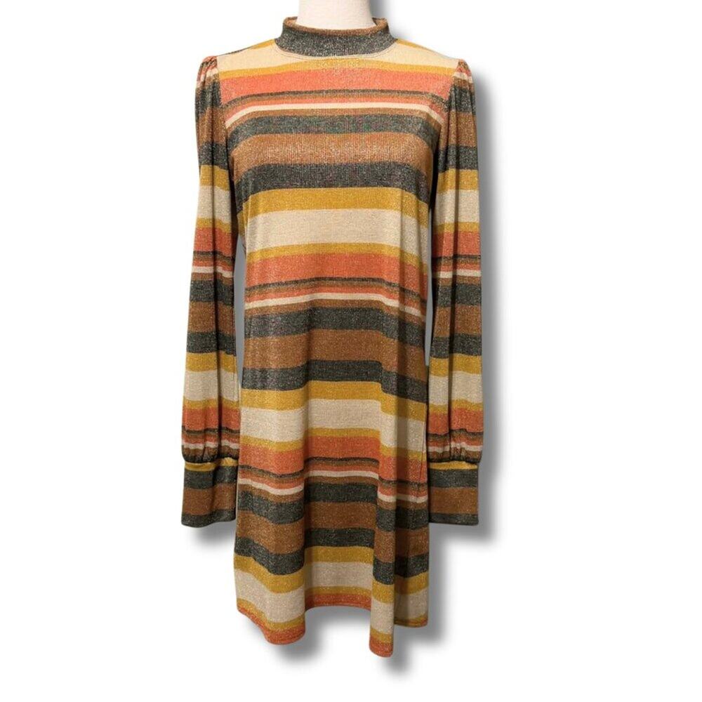 Band of Gypsies Metallic Stripe Mod 70s Mock Neck Dress | Size M